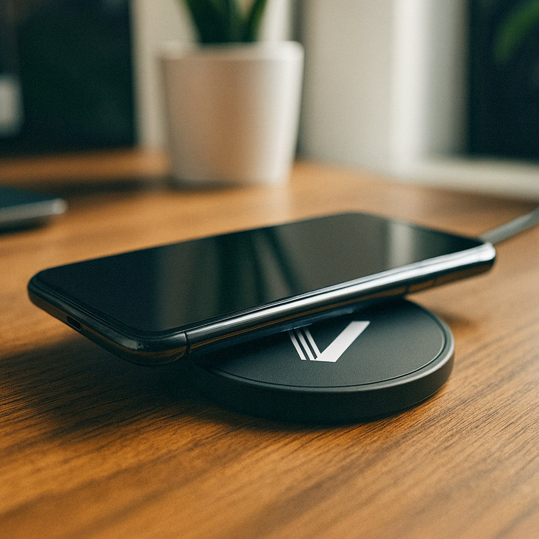 Black smartphone charging on a round, black wireless charger with a white V logo on a wooden desk.