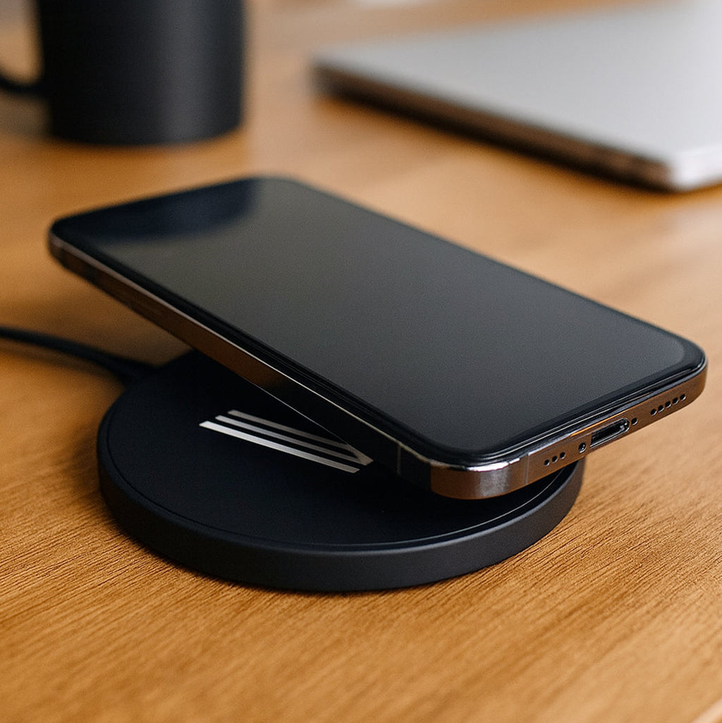 Black smartphone charging wirelessly on a black circular pad on a wooden desk.
