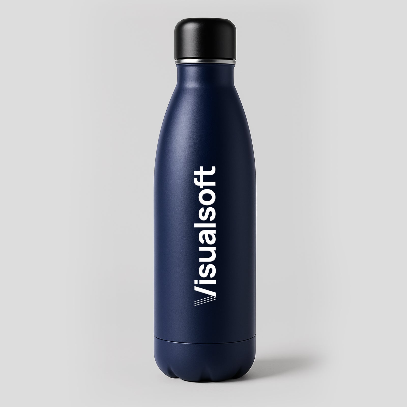 Dark blue water bottle with a black cap, featuring the white Visualsoft logo vertically on its side. 