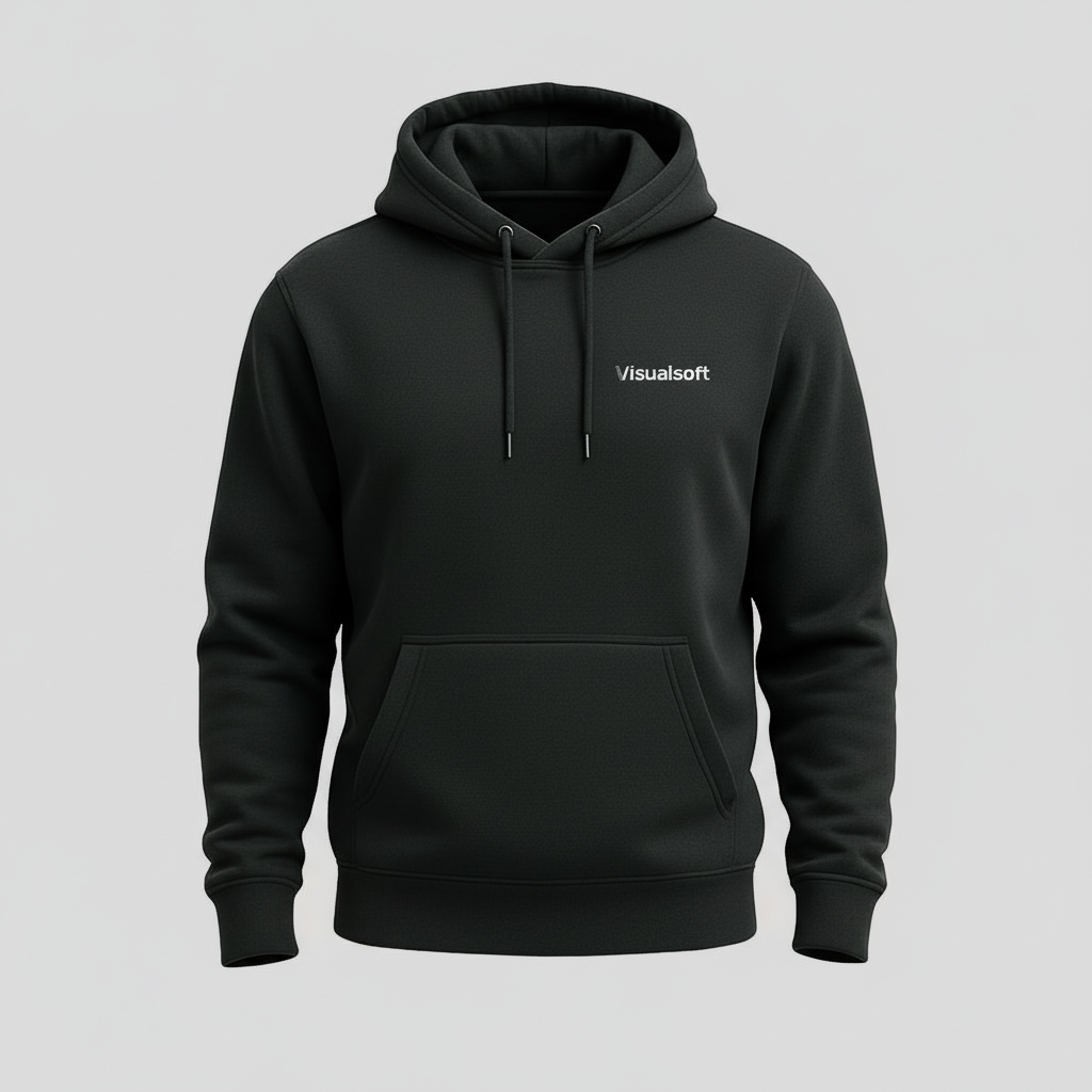 Black hoodie with the word Visualsoft written in white on the chest.