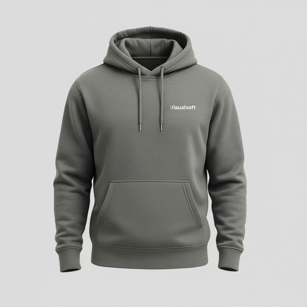 Grey hoodie with Visualsoft logo on the chest. It has a front pocket and drawstrings on the hood.