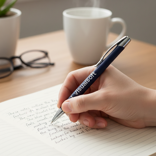 Hand writing in a notebook with a navy blue Visualsoft pen. A steaming mug and glasses are in the background.