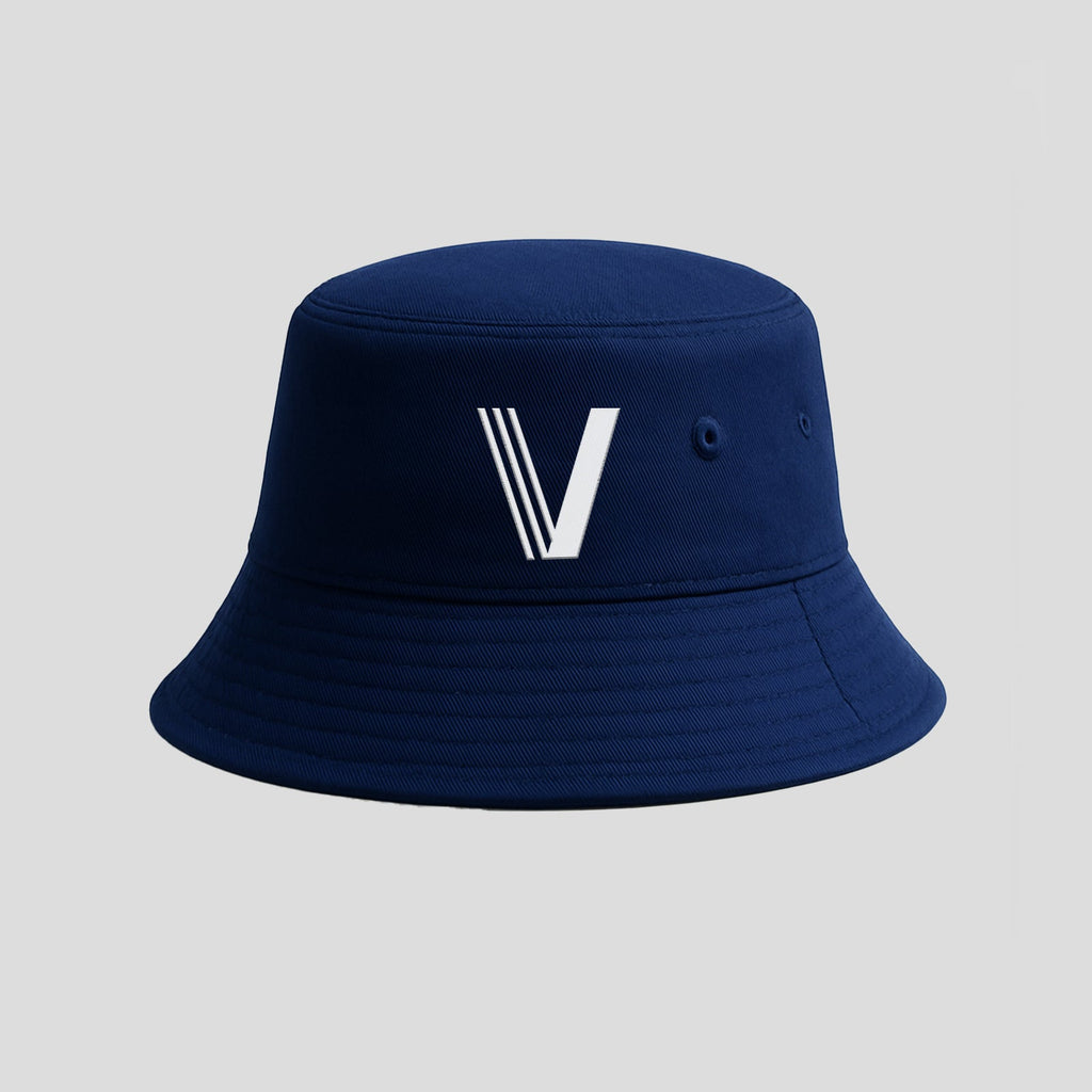 Navy blue bucket hat with a white V logo on the front, against a light grey background. 
