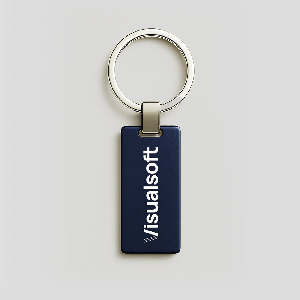 Navy blue rectangular keychain with Visualsoft logo in white, attached to a silver key ring.