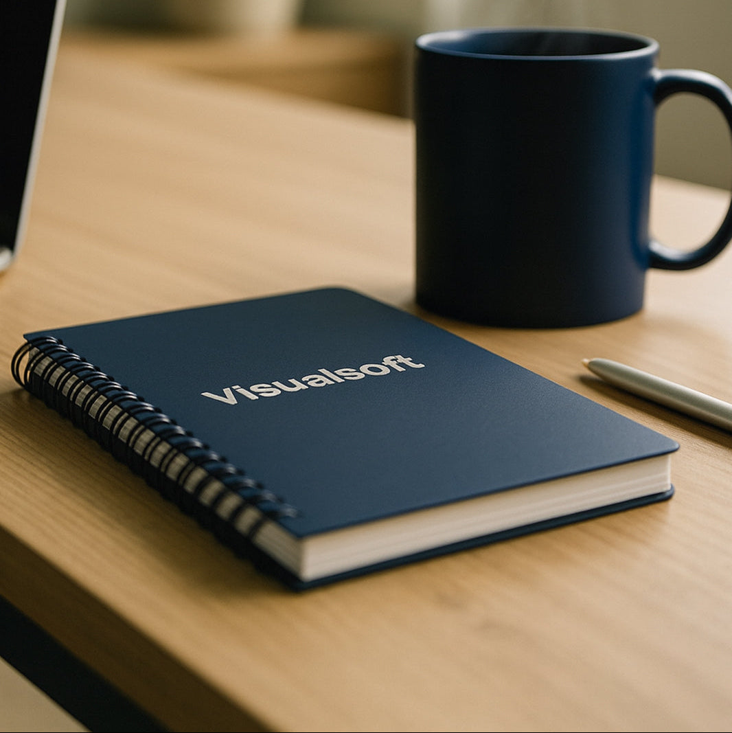 Blue spiral notebook with Visualsoft logo, a blue mug, and a silver pen on a wooden desk. 
