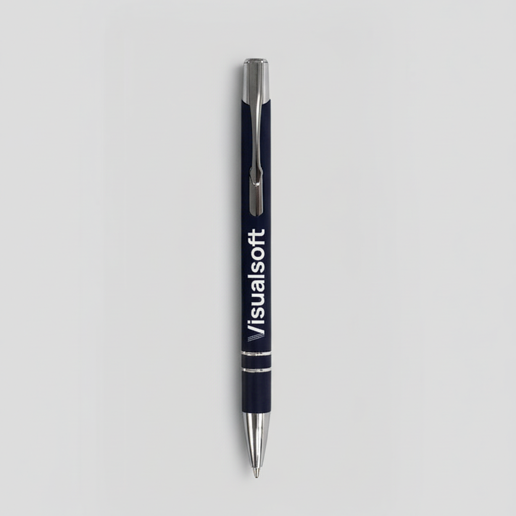 Dark blue pen with silver accents and Visualsoft logo.