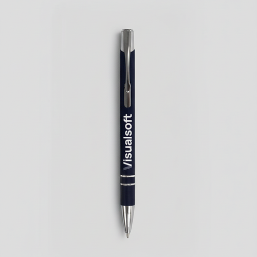 Dark blue pen with silver accents and Visualsoft logo.
