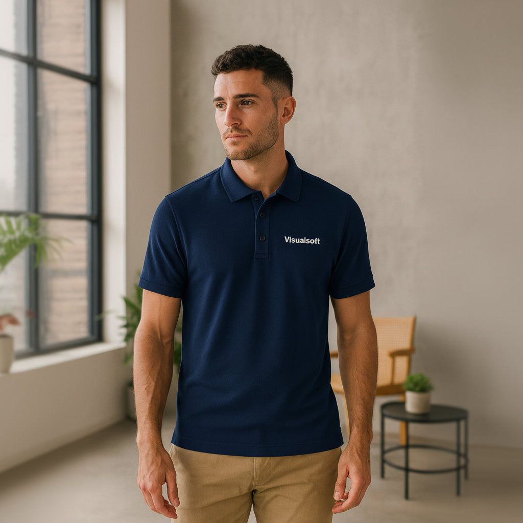 Man wearing a navy blue polo shirt with the Visualsoft logo, standing in a modern room.