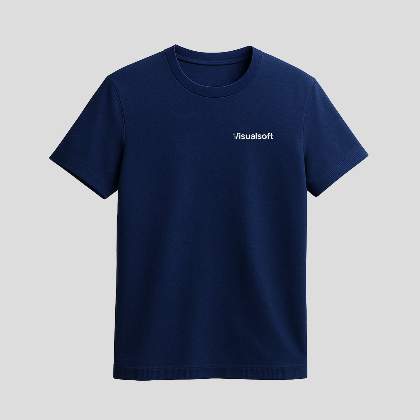 Navy blue t-shirt with the word Visualsoft in white text on the chest. 