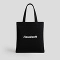 Black tote bag with the word Visualsoft in white text on the front. The V in Visualsoft is stylized with three lines.