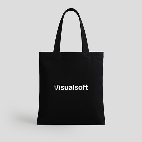 Black tote bag with the word Visualsoft in white text on the front. The V in Visualsoft is stylized with three lines.