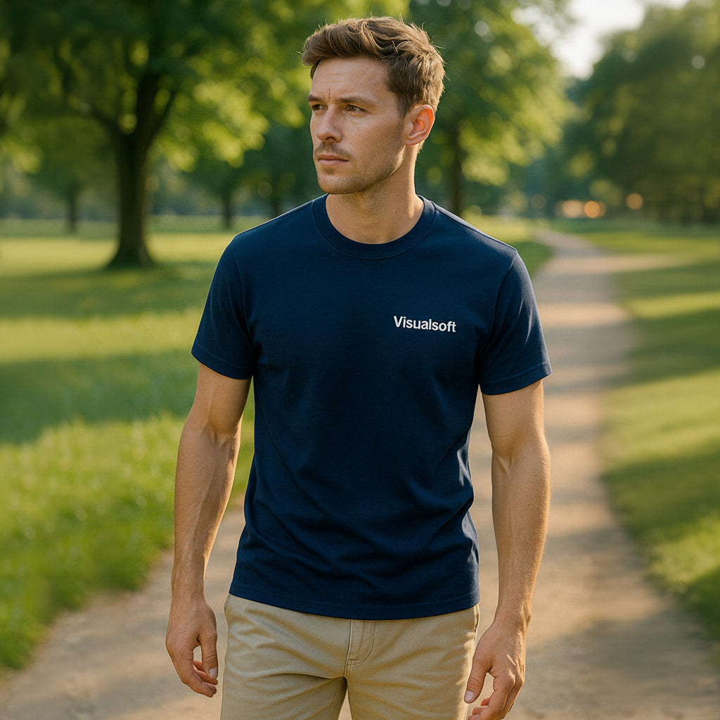Man in a navy Visualsoft t-shirt and khaki shorts walking on a path in a park.