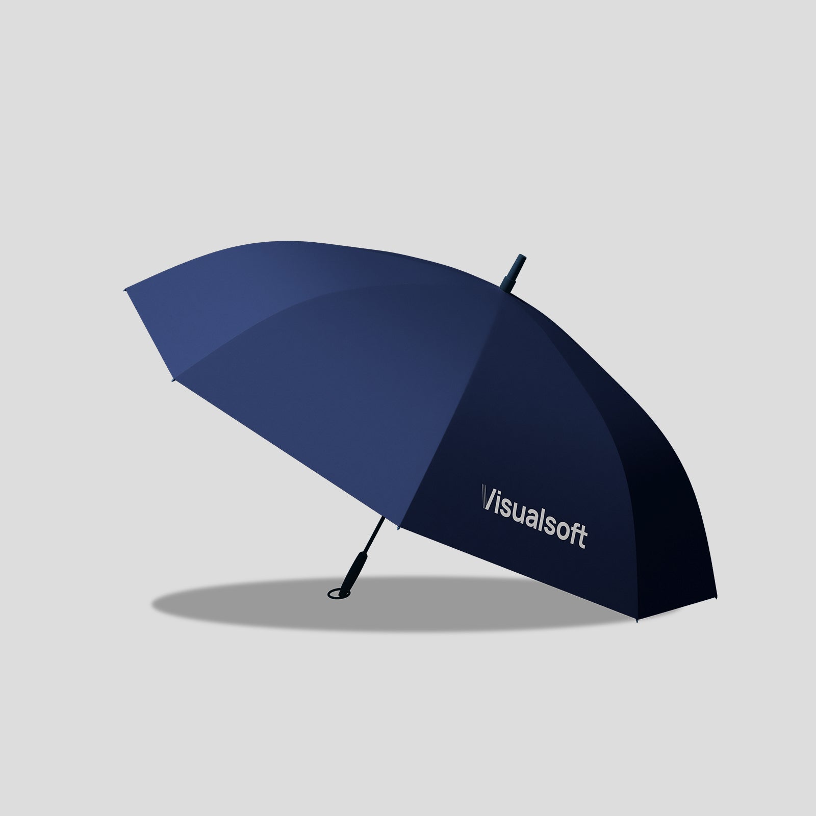 A dark blue umbrella with the word Visualsoft printed on it, casting a shadow on a light grey background.