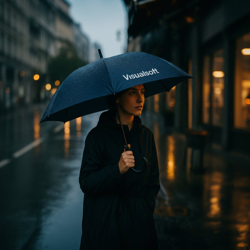 Person holding a Visualsoft umbrella on a rainy street at dusk.