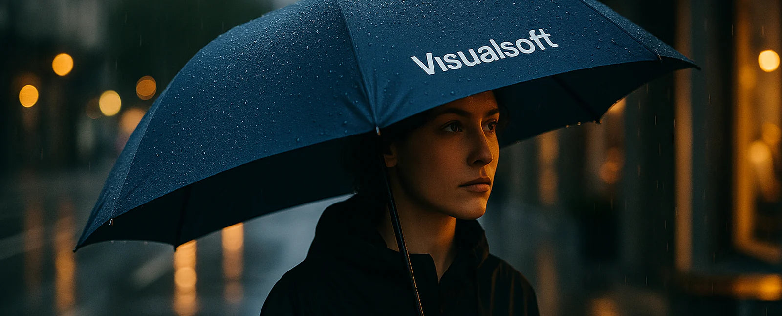 Una persona joven y andrógina, con un paraguas oscuro de Visualsoft abierto sobre su cabeza, camina bajo la lluvia.